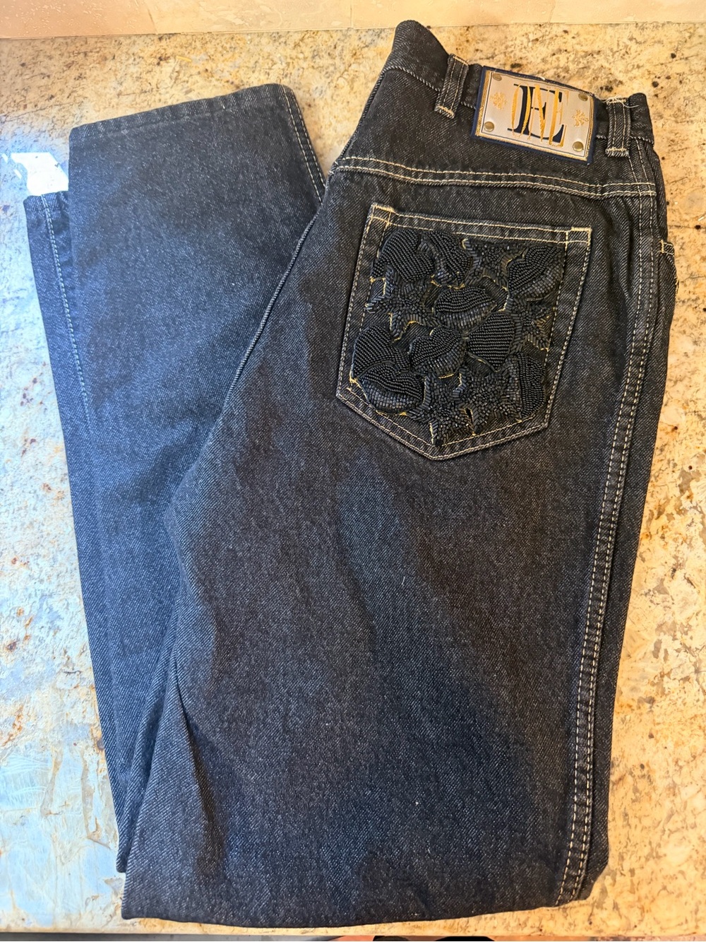 Vintage Escada Beaded Pocket Black High Waisted Jeans Size 42/US 12
